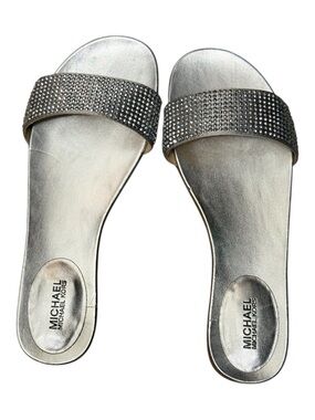 Michael Michael Kors Eleanor Embellished Slide Sandals Silver, Size 6, New